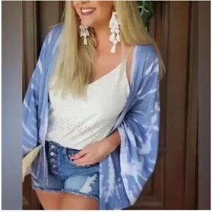 Sim & Sam Boho Kimono Sleeve Jacket Tie Dye Bleach Dyed White Blue L / XL NWT